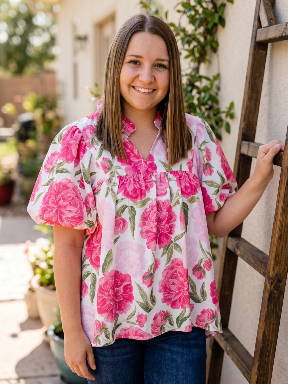 Haptics Floral Puff-Sleeve Women's Top in Pink